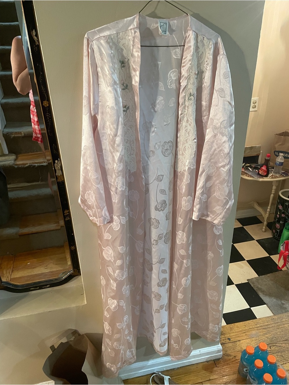 Vintage 90s Eve Stillman light Blush Pink Satin Floral Duster Robe